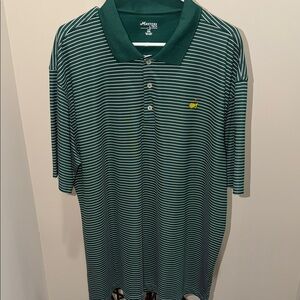 Masters Dark Green and White Striped Polo with Yellow Emblem